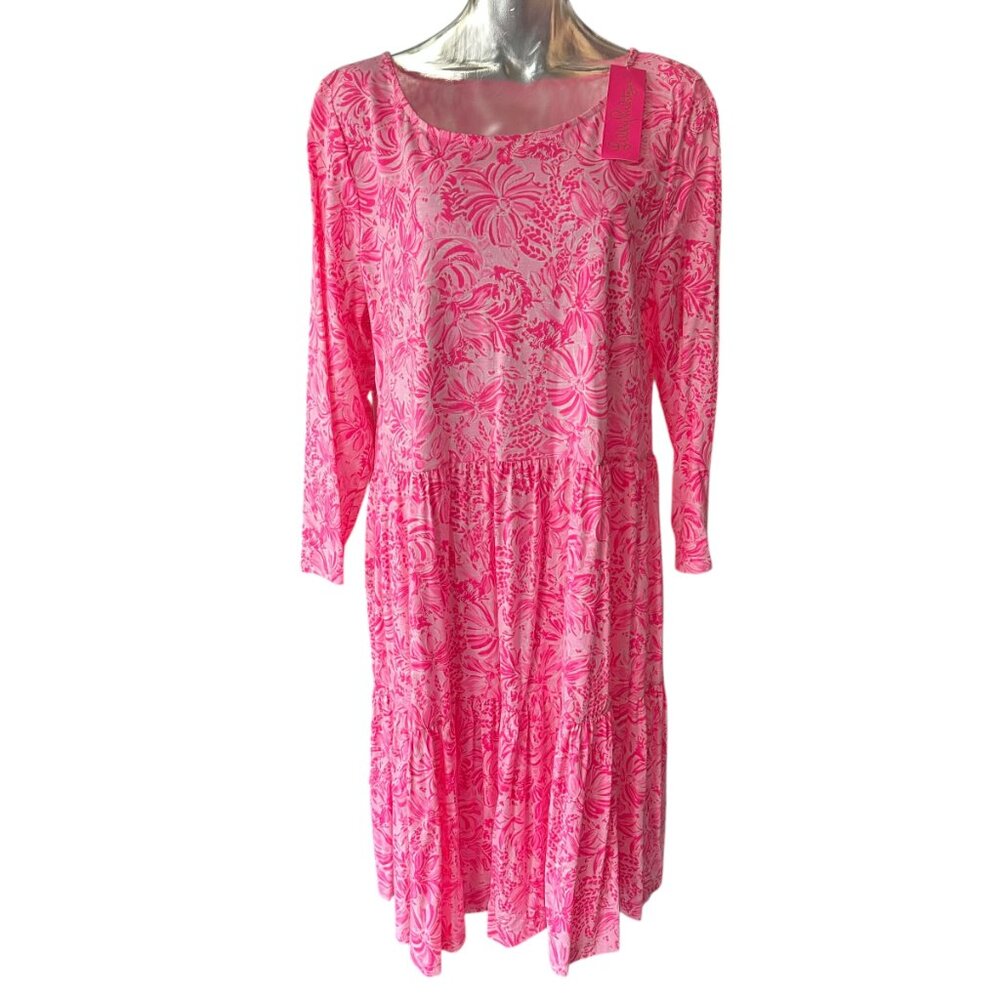Lilly Pulitzer Women's GEANNA Dress Pink Blossom Foxy Llama 3/4 Sleeve XL - Picture 2 of 10